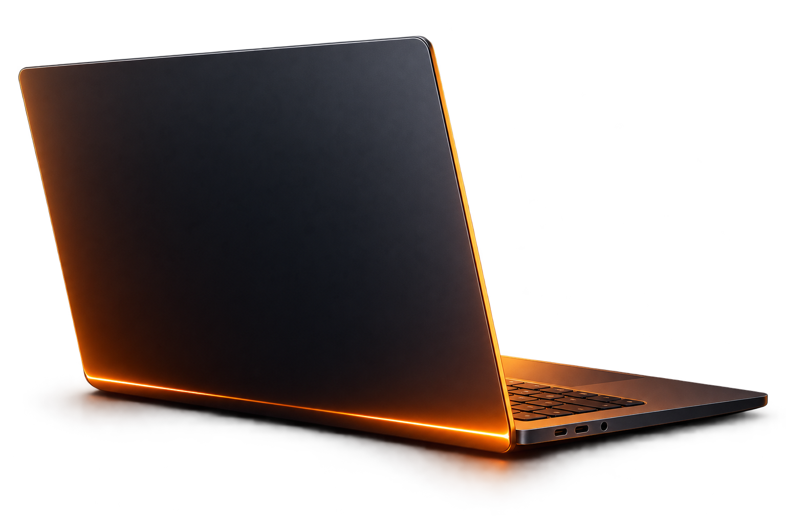Unbranded graphite laptop with orange edge lighting, an illustrative product visual